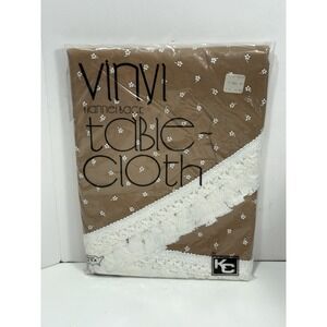 K C VINYL FLANNEL Back Brown TABLECLOTH W White Fringe Flower Round 60'' Vintage